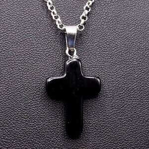 925 Silver Necklace W/ Cross Black Jet Stone Vtg Boho Valentine Birthday Gift